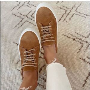 Jenni Kayne Women’s Honey Brown Suede Leather Lace Up Platform Skater Sneaker